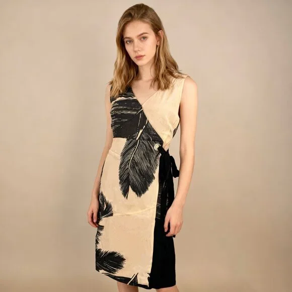NWT Mint Velvet Beige / Peach Black Feather Pencil Midi TIE Dress US 4 UK 8 - Picture 1 of 12